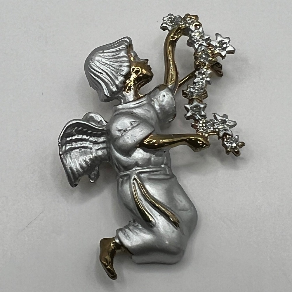 Angel Brooch Gold‎ and Brushed Silver Tone Star Pin
